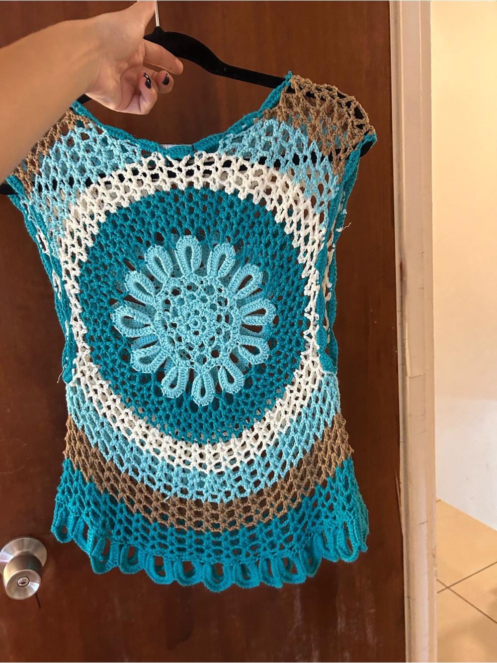 Crochet Circle Tank Top - Teal, White & Brown